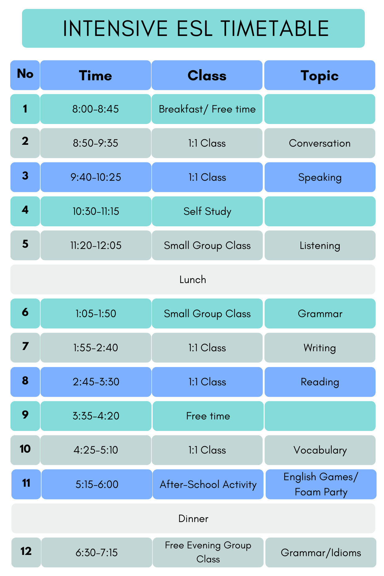 Intensive ESL Timetable