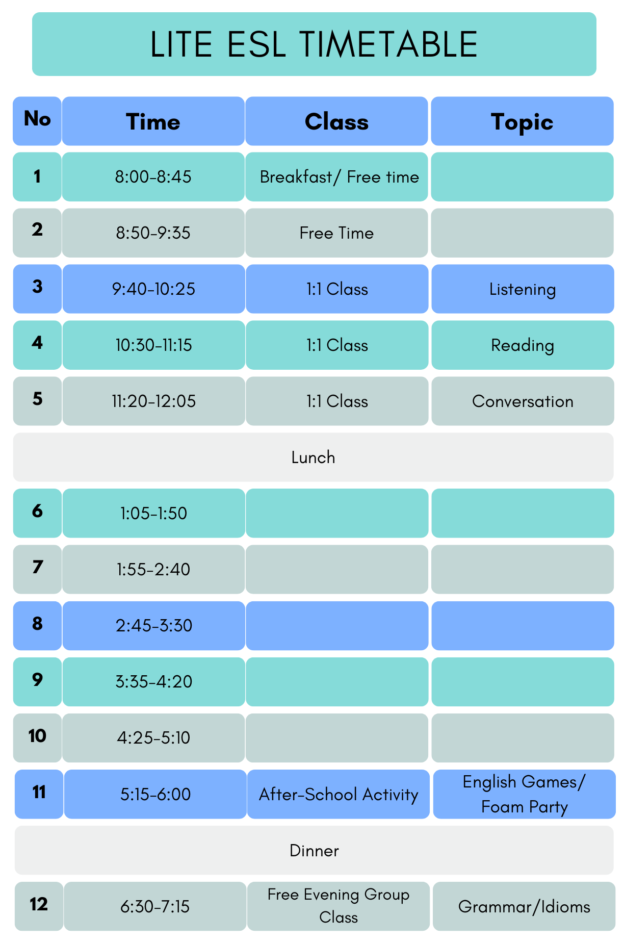 Lite ESL Timetable