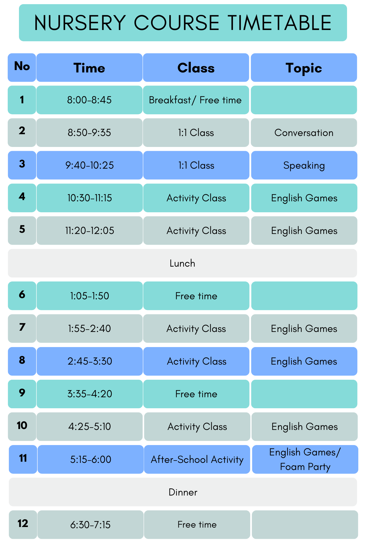 Nursery Course Timetable