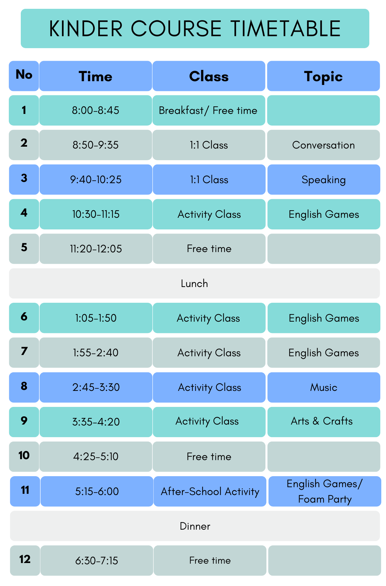 Kinder Course Timetable